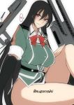  1girl bare_legs black_gloves black_hair breasts brown_eyes chikuma_(kantai_collection) elbow_gloves gloves green_clothes hand_on_own_knee kantai_collection large_breasts long_hair looking_at_viewer mecha_musume military military_uniform mugenshiki side_slit sitting smile uniform very_long_hair 