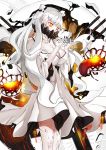  1girl black_nails breasts cleavage covering_mouth dress horns kakekcaboel kantai_collection long_hair long_nails machinery midway_hime pale_skin red_eyes shinkaisei-kan veins very_long_hair white_dress white_hair 