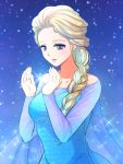  1girl bare_shoulders blonde_hair blue_eyes braid bust dress elsa_(frozen) frozen_(disney) kuruto long_hair single_braid snowflakes solo 