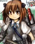  1girl bowtie brown_eyes brown_hair headgear kagerou_(kantai_collection) kagerou_(kantai_collection)_(cosplay) kantai_collection looking_at_viewer machinery school_uniform short_hair smile solo tagme tomoe_himuro translation_request twitter_username vest yukikaze_(kantai_collection) 