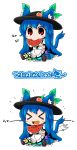 &gt;_&lt; 1girl animal_ears blush_stickers byourou cat_ears cat_tail chibi deformed eating fang food fruit hat hinanawi_tenshi long_hair peach solo tail touhou watermelon white_background