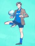  1boy ball doctor_who eleventh_doctor football_boots jacket kamaboko_(moyaciv) simple_background soccer_ball soccer_uniform socks solo sportswear 