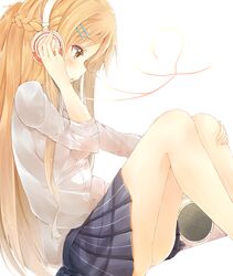  1girl asuna_(sao) brown_eyes brown_hair headphones hiiragi_yashiro long_hair plaid plaid_skirt skirt sword_art_online yuuki_asuna 