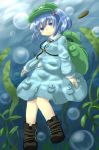  1girl backpack bag blouse blue_eyes blue_hair boots bubble cabbie_hat colored_eyelashes green_hat hair_bobbles hair_ornament hat highres kawashiro_nitori key knees_together_feet_apart long_sleeves pursed_lips reeds s_katsuo skirt solo touhou two_side_up underwater 