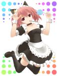  1girl black_legwear breasts candy cleavage collar haribote_(tarao) holding inu_x_boku_ss jumping lollipop looking_at_viewer maid maid_headdress mouth_hold pink_eyes pink_hair pocky roromiya_karuta shoes solo tagme twintails 