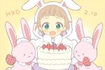  1boy :3 animal_hood birthday birthday_cake blush brown_hair bunny_hood cake candle dated food fork fruit funikurikurara green_eyes happy_birthday himeno_kanon hood idolmaster idolmaster_side-m male_focus mittens open_mouth short_hair smile spoon strawberry stuffed_animal stuffed_bunny stuffed_toy 