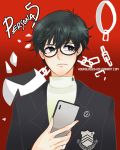  1boy black_eyes black_hair broken broken_chain cellphone chain glasses hourglass34 kurusu_akira persona persona_5 phone protagonist_(persona_5) red_background school_uniform short_hair simple_background smartphone solo 