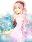  1girl aldnoah.zero blue_eyes blue_rose bouquet flower hairband lemrina_vers_envers long_hair pink_hair rose smile solo 