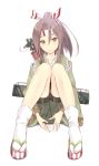  1girl airplane brown_eyes brown_hair clog_sandals headband highres japanese_clothes kantai_collection knees_together_feet_apart looking_at_viewer ponytail sitting socks solo wa_(genryusui) white_background white_legwear zuihou_(kantai_collection) 
