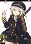  1boy blush cape character_name fuusen_niito green_eyes hair_flaps hat highres hotarumaru long_sleeves looking_at_viewer military military_uniform nodachi petals sheath short_hair shorts silver_hair smile sode solo touken_ranbu uniform 