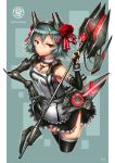 1girl aqua_hair artist_name black_legwear cowboy_shot elbow_gloves english fingerless_gloves flower fur_trim gia gloves hair_flower hair_ornament headgear highres jewelry looking_at_viewer mecha_musume necklace original polearm red_eyes robotic_arms short_hair skirt solo text thigh-highs weapon 