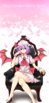  1girl akira_(mr_akira) armchair ascot bare_legs barefoot bat_wings chair character_name cherry_blossoms hat highres looking_at_viewer mob_cap petals purple_hair red_eyes remilia_scarlet short_hair sitting smile solo tagme touhou wings wrist_cuffs 