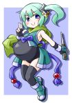  1girl blue_eyes fingerless_gloves gloves green_hair knife kugelschreiber ninja original pregnant reverse_grip short_hair shuriken side_ponytail smile solo thigh-highs weapon 