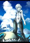  1girl adapted_costume bare_shoulders blonde_hair blue_sky bodysuit clouds hat hat_removed headwear_removed highres kantai_collection long_hair name_tag outdoors payot rathke shinkaisei-kan sky solo turret white_hair white_skin wo-class_aircraft_carrier 