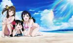  3girls absurdres beach bikini black_hair breasts brown_eyes brown_hair cleavage clouds feet flower green_eyes hair_flower hair_ornament highres leg_hug legs long_hair love_live!_school_idol_project lying minami_kotori multiple_girls ocean official_art on_stomach open_mouth red_eyes side-tie_bikini sky summer swimsuit toujou_nozomi twintails water yazawa_nico 