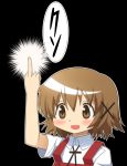  &gt;:d 1girl :d black_background blush brown_eyes brown_hair hair_ornament haribote_(tarao) hidamari_sketch looking_at_viewer middle_finger open_mouth school_uniform short_hair simple_background smile solo tagme translation_request yuno 