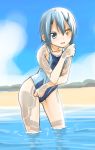  1girl blue_hair competition_swimsuit heterochromia horns io_(pso2) one-piece_swimsuit phantasy_star phantasy_star_online_2 shimotsuki_iko short_hair swimsuit 