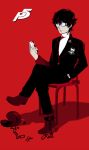  1boy ball_and_chain black_hair broken broken_chain cellphone chain chair glasses kurusu_akira male opaque_glasses persona persona_5 petit phone protagonist_(persona_5) red_background school_uniform simple_background sitting smartphone turtleneck 