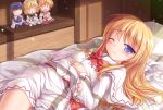  1girl blonde_hair character_doll highres lily_white long_hair luna_child lying lzh one_eye_closed solo star_sapphire sunny_milk touhou violet_eyes 