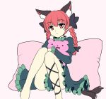  1girl animal_ears asymmetrical_legwear bow braid cat_ears cat_tail dress extra_ears gomi_(gomitin) hair_bow juliet_sleeves kaenbyou_rin knees_together_feet_apart light_smile long_sleeves multiple_tails pillow pointy_ears puffy_sleeves red_eyes redhead sitting solo stuffed_animal stuffed_toy tail teddy_bear touhou twin_braids two_tails 