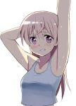  1girl arm_up armpits blush collarbone crop_top eila_ilmatar_juutilainen glastonbury1966 grin hand_behind_head long_hair silver_hair simple_background smile solo strike_witches tank_top violet_eyes water wet white_background 