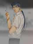  1boy blue_hair bracelet cigarette fate/stay_night fate_(series) jewelry lancer long_hair mitsuki_mitsuno ponytail rain red_eyes solo wet wet_clothes wet_shirt 