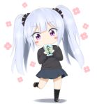 1girl blush_stickers chibi d-frag! flower full_body hair_ornament haribote_(tarao) long_hair looking_at_viewer pleated_skirt sakai_tama school_uniform skirt solo standing_on_one_leg tagme twintails violet_eyes white_hair 
