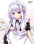  1girl alternate_costume apron artist_name blush crescent_hair_ornament cup enmaided frilled_apron gradient gradient_background hair_ornament haryuu_(poetto) kantai_collection looking_at_viewer maid maid_apron maid_headdress purple_hair short_hair short_hair_with_long_locks signature teacup tray violet_eyes yayoi_(kantai_collection) 