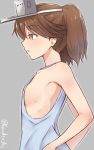  1girl breasts brown_eyes brown_hair flat_chest hat kanden_suki kantai_collection profile ryuujou_(kantai_collection) sideboob sleeveless sleeveless_shirt small_breasts solo twintails 