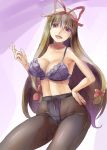  1girl alternate_headwear bare_shoulders blonde_hair bra breasts cleavage fundoshi hair_ribbon hand_on_hip large_breasts long_hair looking_at_viewer navel open_mouth pantyhose purple_bra ribbon skinny smile solo touhou underwear very_long_hair violet_eyes yakumo_yukari yohane 