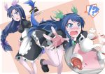  2girls alternate_costume arashi_sora blue_eyes blue_hair blush braid cake cup dual_persona enmaided food green_eyes highres horns karin_(p&amp;d) loafers long_hair maid multiple_girls open_mouth pantyhose puzzle_&amp;_dragons shoes single_braid sugar_cube tail teacup teapot tears tray tripping 