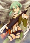  1girl anti-materiel_rifle fingerless_gloves gloves green_eyes green_hair gun hoshimachi rifle scarf shinon_(sao) short_hair short_shorts shorts sniper_rifle sword_art_online weapon 