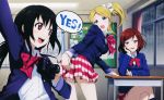  3girls absurdres ayase_eli black_hair blonde_hair blue_eyes bow camera classroom clouds crossed_legs desk detexted hair_bow highres legs looking_back love_live!_school_idol_project multiple_girls nishikino_maki official_art open_mouth ponytail rain red_eyes redhead school_uniform sky socks speech_bubble twintails violet_eyes yazawa_nico 