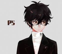  1boy black_hair brown_eyes glasses grey_background kido_fudo kurusu_akira male persona persona_5 protagonist_(persona_5) school_uniform short_hair simple_background turtleneck 