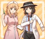  2girls alternate_costume blonde_hair border bow brown_eyes brown_hair clipboard doctor dress hair_bow hat long_hair maribel_hearn multiple_girls necktie nurse nurse_cap pants pill short_hair smile syringe touhou unagi_sango usami_renko yellow_eyes 