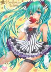  1girl aqua_eyes character_name fishnet_legwear fishnets flower gloves green_eyes hair_flower hair_ornament happy_birthday hatsune_miku heart highres jewelry long_hair maccha_xxxxxx marker_(medium) necklace pearl_necklace skirt solo thigh-highs traditional_media twintails very_long_hair vocaloid 