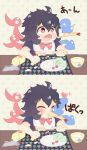  1girl 2koma asymmetrical_wings bib black_hair bow chibi comic dress eating food food_in_mouth food_on_face fork heart highres houjuu_nue igakusei open_mouth red_eyes short_hair silent_comic solo spill spoon tempura touhou ufo vegetable wings younger 