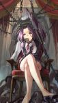  1girl :o bangs chair chin_rest crossed_legs fujita_(condor) glaive kantai_collection looking_at_viewer mechanical_halo miniskirt parted_bangs pleated_skirt purple_hair school_uniform short_hair sitting skirt solo tatsuta_(kantai_collection) thighs violet_eyes 