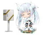  1girl checkered checkered_skirt chibi closed_eyes covering_mouth electricity gauntlets hair_ornament haribote_(tarao) long_hair miss_monochrome miss_monochrome_(character) navel roomba ruu-chan silver_hair skirt smoke tagme twintails 