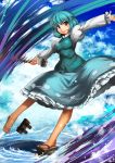  1girl blue_sky clouds geta heterochromia juliet_sleeves long_sleeves looking_at_viewer outstretched_arms puffy_sleeves shirt skirt sky smile solo tatara_kogasa tongue tongue_out touhou umigarasu_(kitsune1963) vest 