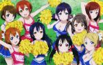  6+girls :o absurdres armpits ayase_eli black_hair blonde_hair blue_eyes blue_hair blush bow breasts brown_eyes brown_hair cheerleader cleavage detexted green_eyes hair_bow highres hoshizora_rin koizumi_hanayo kousaka_honoka love_live!_school_idol_project minami_kotori multiple_girls nishikino_maki official_art open_mouth orange_hair pink_eyes pom_poms red_eyes redhead short_hair side_ponytail smile sonoda_umi teeth toujou_nozomi twintails violet_eyes yazawa_nico yellow_eyes 