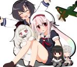  3girls :d ^_^ airplane arms_up bangs beret blunt_bangs blush blush_stickers braid character_doll closed_eyes covering_mouth dress gloves gradient_hair harusame_(kantai_collection) hat isokaze_(kantai_collection) kantai_collection long_hair long_sleeves looking_at_viewer mittens multicolored_hair multiple_girls nanase-san_(honey_be) neckerchief northern_ocean_hime open_mouth pale_skin pink_hair pleated_skirt red_eyes sailor_collar sailor_dress school_uniform serafuku shinkaisei-kan short_hair side_ponytail single_braid skirt smile tokitsukaze_(kantai_collection) unryuu_(kantai_collection) white_background white_dress white_gloves white_hair 