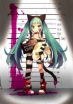  &gt;:) 1girl animal_ears bandaid carrying cat_ears cat_tail character_name collar collarbone fake_animal_ears full_body green_eyes green_hair hatsune_miku highres kemonomimi_mode long_hair looking_at_viewer musou_yuchi shirt shoes sleeves_past_wrists smile solo standing striped striped_shirt stuffed_animal stuffed_cat stuffed_toy tagme tail twintails vocaloid 