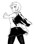  1girl from_behind monochrome original pantyhose short_hair skirt smile solo tsukudani_(coke-buta) tsurime tsurime-chan vest 