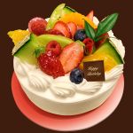  birthday_cake blueberry cake english flower food fruit happy_birthday highres hokkaido_(artist) melon no_humans original peach photorealistic raspberry rose strawberry 