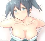  1girl bare_shoulders black_hair blush breasts bust cleavage collarbone grey_eyes kanden_suki kantai_collection large_breasts looking_at_viewer off_shoulder solo souryuu_(kantai_collection) twintails 
