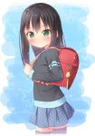  1girl backpack bag brown_hair child green_eyes idolmaster idolmaster_cinderella_girls long_hair looking_at_viewer ramble shibuya_rin skirt smile solo thigh-highs younger 