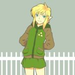  1boy androgynous arms_behind_back bangs blonde_hair hoodie link lowres picket_fence pointy_ears rito_(kinokosoup) smile solo the_legend_of_zelda triforce 