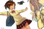  2girls :d airplane alternate_costume blurry brown_eyes brown_hair chig_(mizusaki) dark_skin depth_of_field hair_ornament i-401_(kantai_collection) i-8_(kantai_collection) kantai_collection multiple_girls open_mouth out_of_frame outstretched_arms plaid plaid_skirt pleated_skirt ponytail school_uniform skirt smile spread_arms tagme 