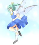  1girl :d ascot blouse bobby_socks collared_shirt daiyousei dress fairy_wings flying gomi_(gomitin) green_eyes green_hair hair_intakes legs open_mouth pointy_ears puffy_short_sleeves puffy_sleeves short_sleeves side_ponytail skirt skirt_lift smile socks solo touhou wings 